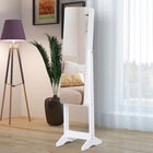 HOMCOM Freestanding Mirror Jewelry Cabinet - 11.75" L x 57.5" W x 14.25" H - White-Including 3 bottom shelf, 3 rows of earring holes, 5 necklace hooks, 3 scarf rod, a storage bag, ring holders, 9 eyebrow pencil holder, a mirror and a fold up table 