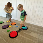 Kore Design Sensory Game Tiles - Assorted Colors - Two Sizes 10.23" & 4" - Pastel Colors - Set of 14-Perfect size for kids to use: Large Circles are 10.23" and the Small Circles are approximately 4", providing the perfect size for kids to use. These tactile Discs are easily stored for prolonged use