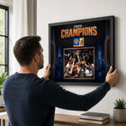 Frameworth New York Knicks 2026 Champions Team Trophy PhotoGlass Framed Photo - 22" W x 18" H - Black-Finished size 22x18 inches: Horizontal framed display sized for living rooms, offices, fan caves, and sports rooms