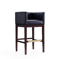 Manhattan Comfort Kingsley 21" Mid-Century Modern Faux Leather Upholstered Bar Stool - Black and Dark Walnut-Mid-Century Modern Barstool with Backseat Perfect for Bar and Kitchen Use