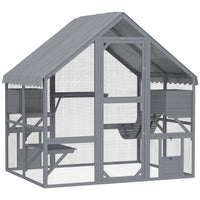 PawHut 74" H Large Catio Outdoor Cat Enclosure with Waterproof Cover - Grey-Spacious size accommodates 2-4 cats for ample play 