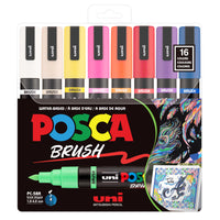 Uni POSCA Water-Based Paint Markers with Reversible Brush Tip - 1.0mm/4.0mm - Assorted - 16 Pack-Water-based paint markers suitable for most art and craft projects on over 50 surfaces, including wood, glass, metal, plastic, ceramic, leather and more