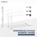 MotionGrey Ergo2 Pro Adjustable Electric Standing Desk with Memory Settings - 55" x 28" - White Top - White Frame-Supports Up to 80 kg - The Motion standing frame is reinforced with thickened steel tubing and strengthened base plates, providing a sturdy and durable platform even at the highest height setting