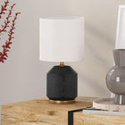 Hudson&Canal Esther 15" Tall Textured Ceramic Table Lamp with Fabric Shade - Matte Black/Antique Brass/White-Handcrafted matte black finish is applied to the round ceramic base