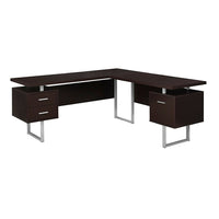 Monarch Specialties 7305 70" Computer Desk - Espresso Left Or Right Facing-L-shaped computer desk with 3 storage drawers featuring thick-panel construction in a dark brown espresso finish and 3 sturdy metal legs in a silver finish