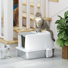 PawHut Stainless Steel Cat Litter Box with Removable Lid & Scoop - White-Semi-closed design for cats that is open-space-loving 