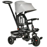 Qaba 4-in-1 Baby Tricycle Trike with Reversible Adjustable Seat - Grey-4 in 1 design with detachable parent push handle, canopy, and guardrail 