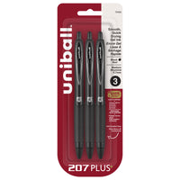 uni-ball 207 Plus Retractable Gel Pens 70456 - 0.7mm - Black - 3 Pack-Gel Pens