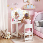 Qaba Kids Vanity Table & Chair Set with Lights & Tri-Fold Mirror - White-Easily shifts from a makeup station to a spacious desk for studying
