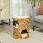 PawHut 2-Storey Cat Condo Barrel with Cushions - Light Brown-Steel wire frame wrapped with hand-woven water hyacinth for durability 