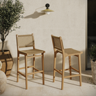 Modway Rowe Outdoor Teak Wood Bar Chairs 2-Piece Set - Natural-Faux Rattan Seat And Back