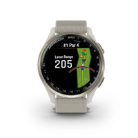 Garmin Approach S50 Smartwatch - Cream Gold Aluminum Bezel With Ivory Comfortfit Nylon Band-COLORFUL AND CAPABLE - The stunning 1.2" AMOLED touchscreen display makes it easy to see key yardages to the green, hazards and layups on the colorful course maps.