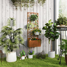 Outsunny Metal Planter Box with 46.5" H Trellis - 16" L x 9" W - Rusty Brown-Bird and vine leaf-patterned screen adds a vibrant, artistic element 