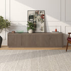 Hudson&Canal Hanson TV Stand for TV's up to 85" - Antiqued Grey Oak-Constructed of sturdy MDF materials in a handcrafted alder white finish