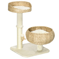 PawHut 28" Cat Tree with Scratching Post and Two Beds - Beige-Features scratching post, bed, and play ball 