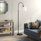 Hudson&Canal Veronica Arc Floor Lamp with Fabric Shade - Blackened Bronze/White-Paired with a white drum fabric shade