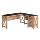 Sauder Newberry Lane L-Desk - Khaki Pine-Spacious work surface: This L-desk has a spacious work surface for computer, accent lamp, and more.  It is finished on all sides for versatile placement