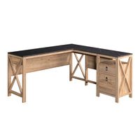 Sauder Newberry Lane L-Desk - Khaki Pine-Spacious work surface: This L-desk has a spacious work surface for computer, accent lamp, and more.  It is finished on all sides for versatile placement