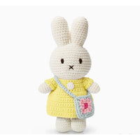 Just Dutch Miffy Handmade Bunny Plush Toy - Pastel Yellow Dress with Blue Flower Bag-Charming handmade plush toy features the iconic Miffy character in a beautifully hand-crocheted outfit