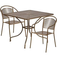 35.5'' Square Gold Indoor-Outdoor Steel Patio Table Set with 2 Round Back Chairs [CO-35SQ-03CHR2-GD-GG]-Set Includes Table and 2 Chairs