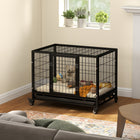 PawHut 36" L Heavy Duty Dog Crate with Lockable Wheels and Tray - Black-Front door and top door with latch for easy entry and exit 