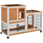 PawHut 35" H Indoor Rabbit Hutch with Wheels, Run and Tray - Yellow-Two tier design with main house and run box for roaming freely 