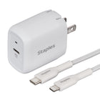 Staples USB-C Wall Charger with Cable - 20W - White-Includes one 3.3ft (1m) durable, anti-tangle Generation 2.0 USB-C to Lightning braided cable that is tested to withstand up to 5k bends
