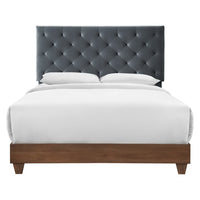 Modway Rhiannon Diamond Tufted Upholstered Performance Velvet Queen Bed - Walnut Charcoal-Diamond Tufted Modern Queen Bed