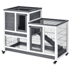 PawHut 35" H Indoor Rabbit Hutch with Wheels, Run and Tray - Grey-Two tier design with main house and run box for roaming freely 