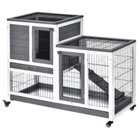 PawHut 35" H Indoor Rabbit Hutch with Wheels, Run and Tray - Grey-Two tier design with main house and run box for roaming freely 