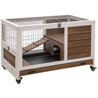 PawHut 23" H Wooden Indoor Rabbit Hutch on Wheels with Run - Brown-Solid fir wood with living room, run backyard, ramp and door 