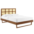 Modway Sidney Cane and Wood Queen Platform Bed with Angular Legs - Walnut-Wood Slat Support System