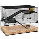 PawHut Cage with Glass Basin for Small Hamsters - Black-Three tiers for lots of space
