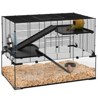 PawHut Cage with Glass Basin for Small Hamsters - Black-Three tiers for lots of space