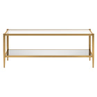 Hudson&Canal Hera 45"W Rectangular Coffee Table with Mirror Shelf - Brass-Features a tempered glass top and mirrored lower shelf