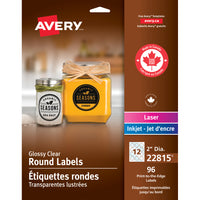 Avery Clear Laser/Inkjet Glossy Print-to-the-Edge Round Labels, Permanent, 2" Diameter, 96 Pack (22815)-Get a custom printed-on look to products, party favours and decorations, crafts, envelopes, bottles, mason jars, food containers and bath and beauty products
