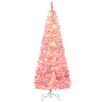 HOMCOM 6' Pre-Lit Snow-Flocked Artificial Pencil Christmas Tree with Auto Open - Pink-Lush with pine tree tips that provide a natural look 