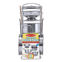 Melissa & Doug Let's Play House! Stainless Steel Pots & Pans Play Set -Includes colander, pot with lid, 2 pans, 2 wooden utensils, and rack