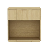 Manhattan Comfort Clive 22" Mid-Century Modern 1-Drawer Nightstand - Natural Oak and Gold-Clean-lined nightstand crafted from manufactured wood with metal accents for a refined, modern bedroom look