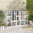 PawHut 74" H Large Outdoor Catio with Cat Condos, Platforms and Ladders - White-Combines cat shelves, bridges, ramps, sleeping boxes, and scratchers 