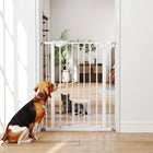 PawHut 36" Pet Gate with Walk Through Door - White-Adults can open the door with a hand by sliding the button on both ends at the same time and lifting