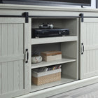 Manhattan Comfort Myrtle 60" Traditional TV Stand - Cream Oak-Includes 2 Sliding Doors on an Exposed Metal Glide with 7 Shelves
