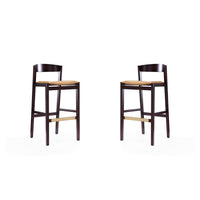 Manhattan Comfort Klismos 20" Mid-Century Modern Faux Leather Upholstered Bar Stool - Camel and Dark Walnut - 2 Pack-Mid-Century Modern Barstool with Backseat Perfect for Bar and Kitchen Use. Set of 2