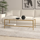 Hudson&Canal Hera 54"W Rectangular Coffee Table with Glass Shelf - Antique Brass-Features easy assembly