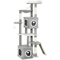 PawHut 65" Multi-Level Cat Tree Tower with Condos and Perch - Grey-This 65" (165 cm) all-in-one centre offers endless fun for multi-cat families 