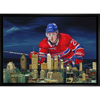 Cole Caufield Canadiens Skyline - Framed Canvas - 31" x 22"-Premium canvas print with gallery-wrapped edges