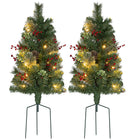 HOMCOM 2' Pre-Lit Small Christmas Tree with Red Berries 2-Piece Set - Green-2 types of tips, decorated with red berries, pine cones and Eucalyptus leaves 