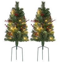 HOMCOM 2' Pre-Lit Small Christmas Tree with Red Berries 2-Piece Set - Green-2 types of tips, decorated with red berries, pine cones and Eucalyptus leaves 