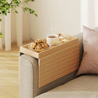HOMCOM Foldable Bamboo Sofa Armrest Tray for Drinks - Natural Wood-Rolls up for compact storage, perfect for small living spaces