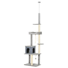 PawHut 85" - 101" Floor-To-Ceiling Cat Tree Tower Activity Center - Grey-Reaches a huge 8.5 feet in height and adjusts to offer options 